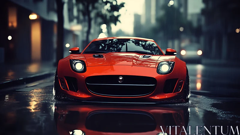 Red sports coupe in rainy cinematic city street scene.