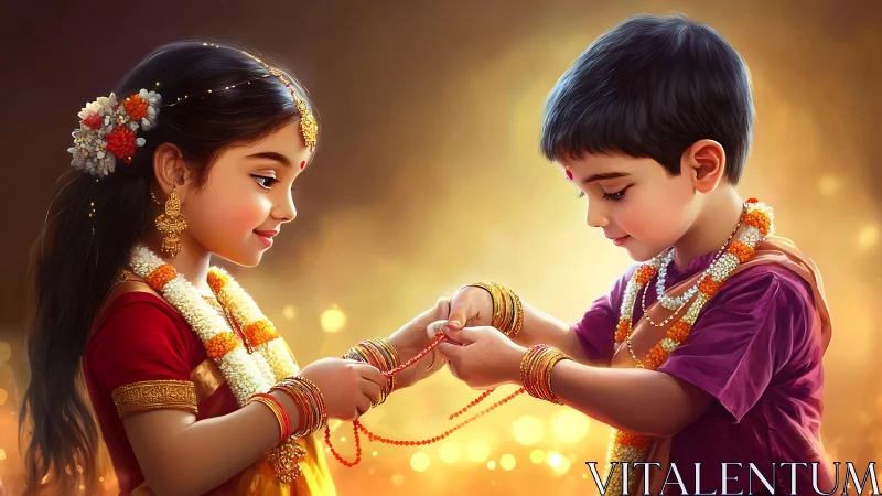 Indian children exchange friendship bracelets in radiant golden light.