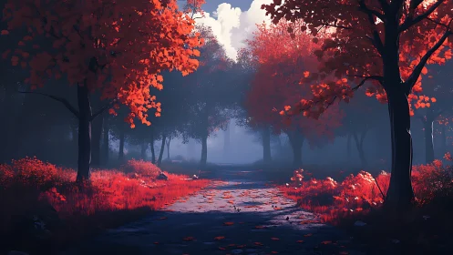 Crimson Forest Path Beneath Ember Canopy