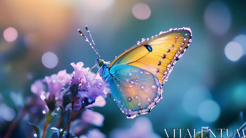 Iridescent butterfly sipping dawn light in bokeh bloom dream.