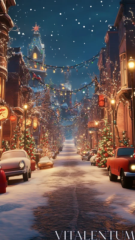 Snow-dusted holiday avenue hums beneath twinkling lights