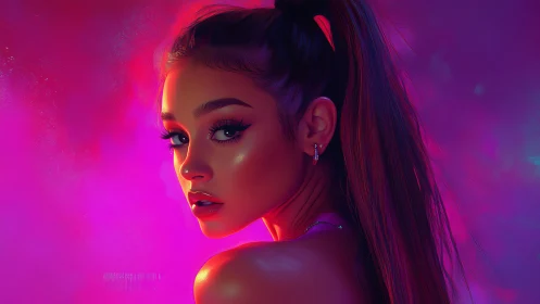 Neon-lit portrait of a dreamy girl in glowing magenta haze.