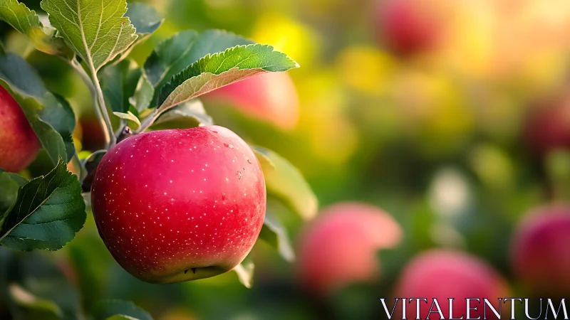 Ripe red apple hanging on tree branch in soft sunlight.
