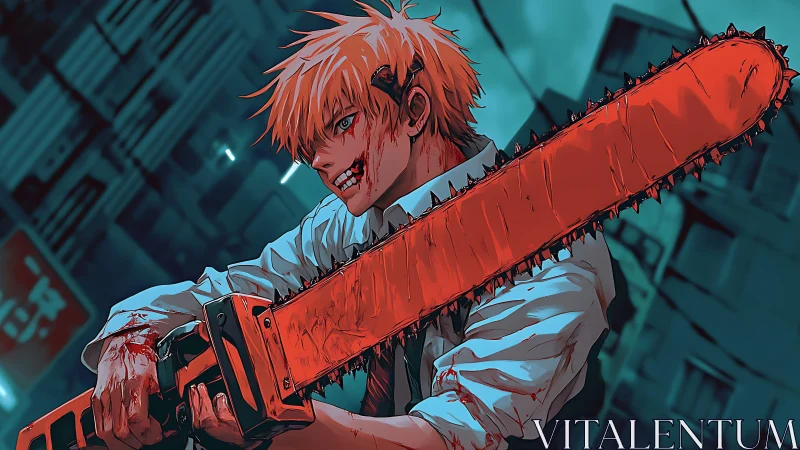 Orange haired anime figure holding bloodstained chainsaw.