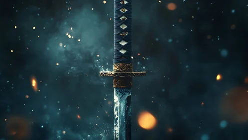 Weathered katana rising through sparks and swirling smoke.