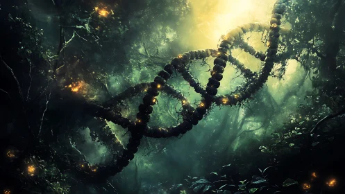 DNA helix entwined with forest canopy in misty light.
