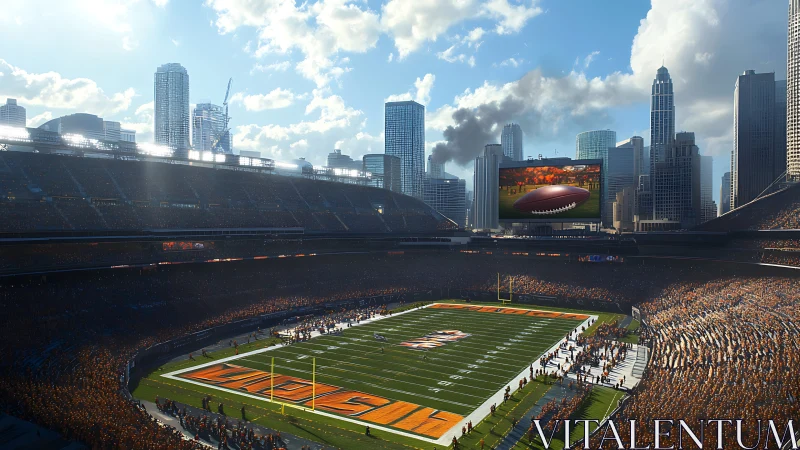 High-capacity urban stadium rendering with illuminated NFL field.