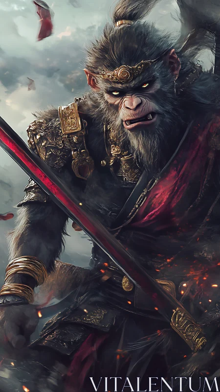 Mythic warrior monkey king with ornate armor and blade.