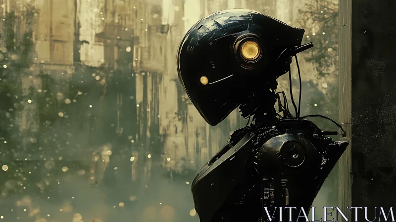 Side-profile cybernetic sentinel amid particulate haze.