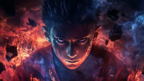 Cinematic fire-wreathed antihero portrait in digital painting style.