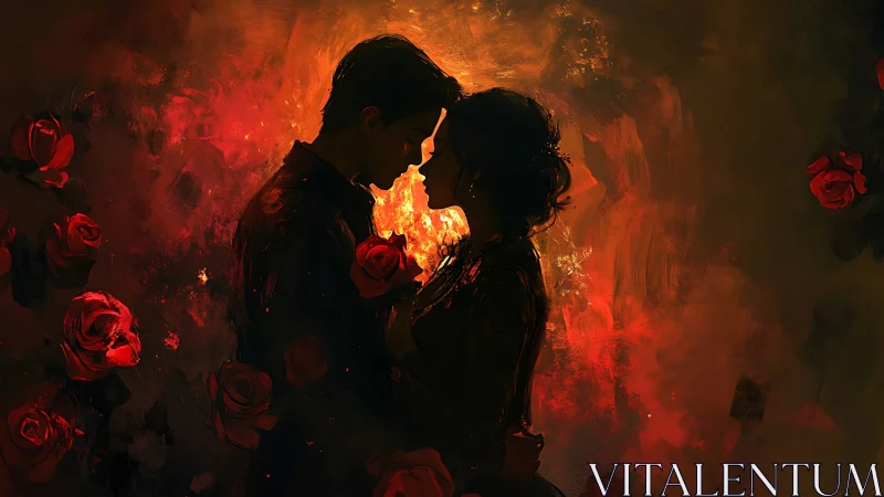 A Passionate Moment: Love Ignited in Flames and Roses.