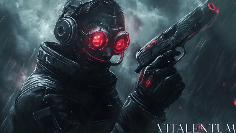 Neon-eyed rain sniper stalks a stormlit cybercity night.