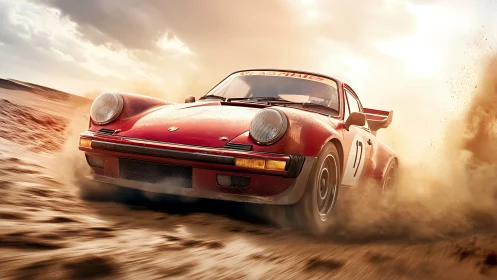 Red rally classic kicking up golden desert dust with joy.