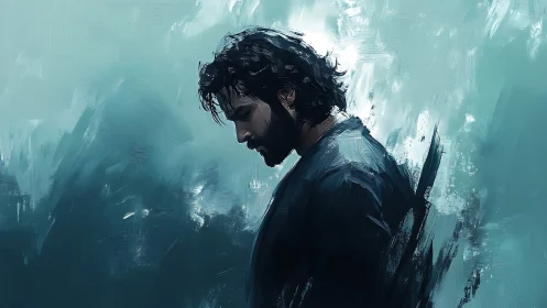 Solitary man in blue haze rendered with painterly strokes