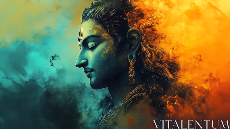 Divine profile merges with teal and orange cosmic clouds