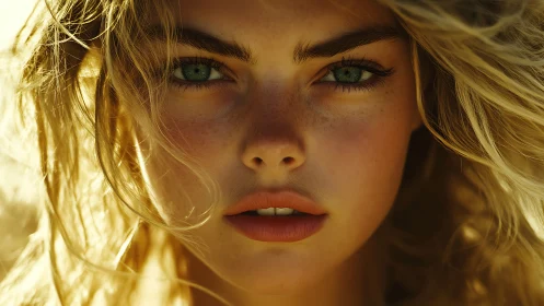 Sunlit close-up portrait with freckled skin and green eyes.