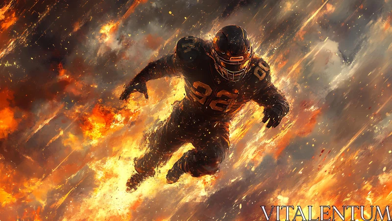 Gridiron warrior charging through blazing inferno field.