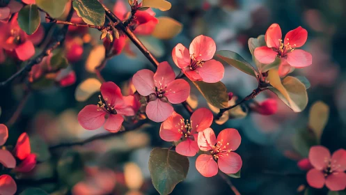 Coral Blossoms in Golden Light Against Soft Background.