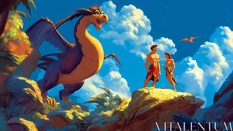 Sunlit cliffside pact unites dragon guardian and brave pair