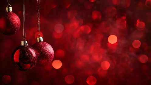 Glittering red Christmas baubles glow against soft bokeh background.