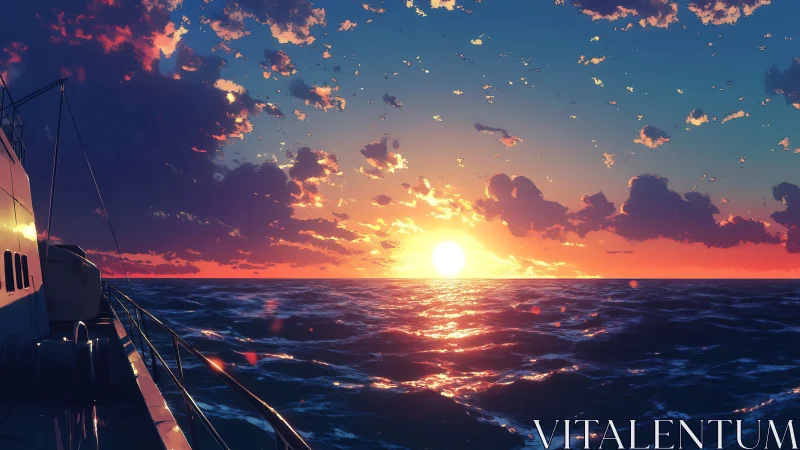 Sunset horizon over open sea from ship deck view.