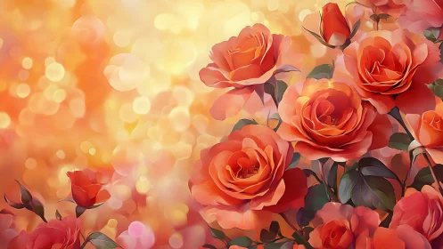 Red Roses Bloom in Warm Golden Bokeh Light.