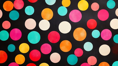 Colorful polka dots form scattered circular pattern on black
