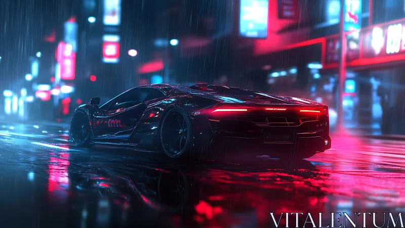 Sleek neon supercar cruising through a rainy night city.