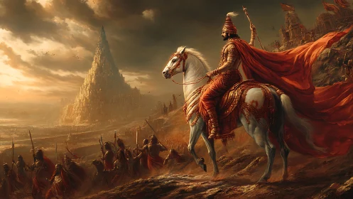 Warrior king on white horse surveys a looming golden citadel