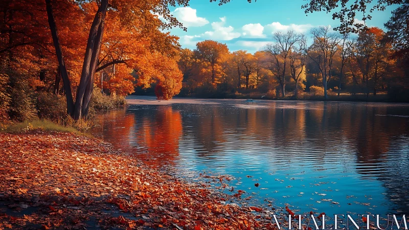Autumn trees and lake shoreline under clear daytime sky.