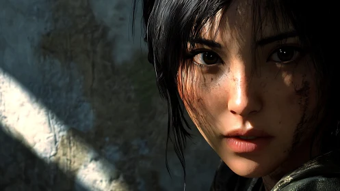 3D portrait of intense young woman in dramatic side light.