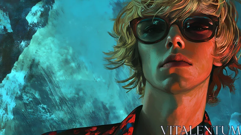 Stylized portrait with dramatic rim lighting and textured teal backdrop