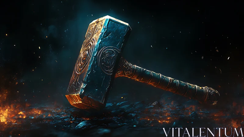 Stormforged warhammer resting in emberlit cosmic dusk.