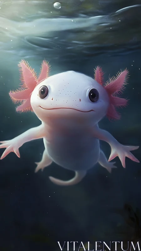 Curious pink axolotl floats serenely in soft aquatic light