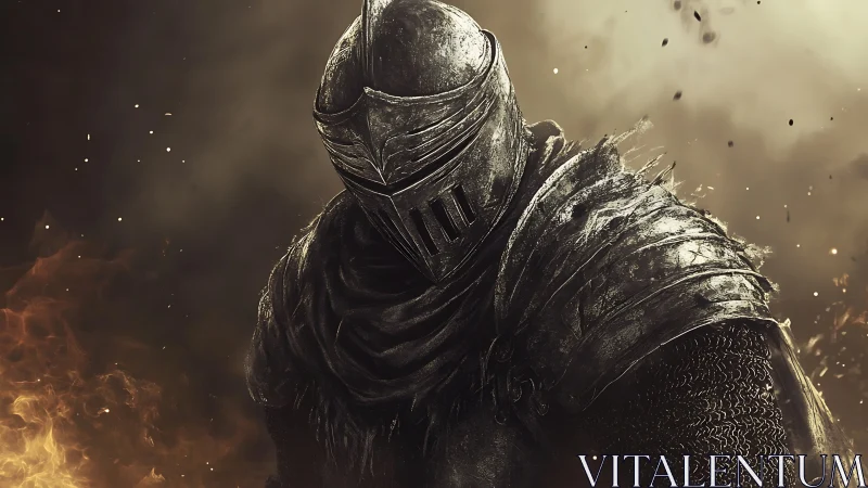 Armored knight emerges through embers in cinematic backlight.