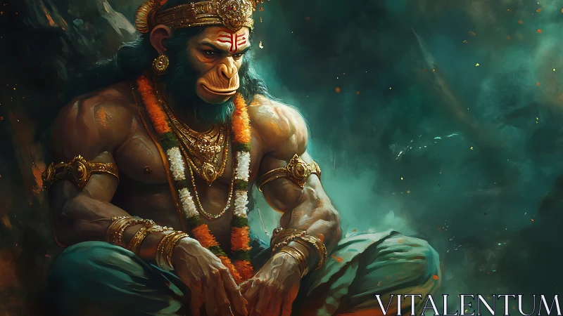 Brooding warrior monkey god wrapped in emberlit stillness.