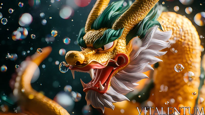 Golden serpentine dragon model rendered with shallow depth