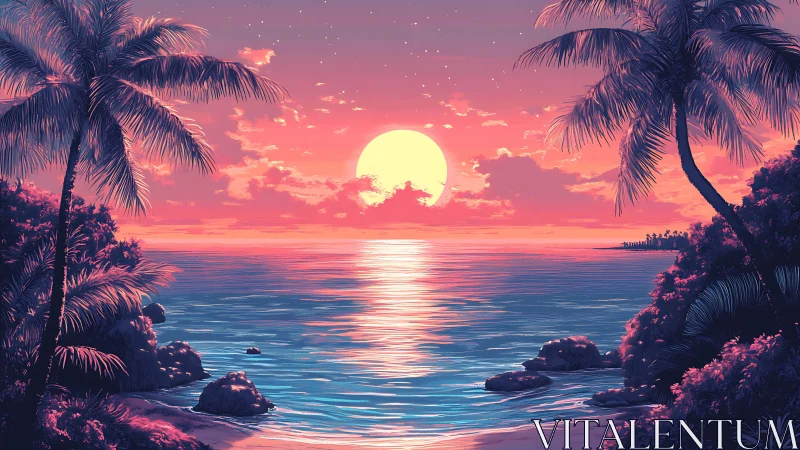 Neon sunset glows over tranquil tropical palm-lined cove