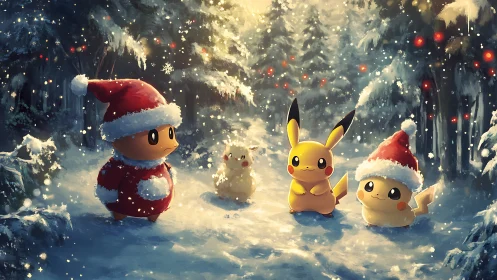 Festive electric creatures in snowy pine forest at dusk.