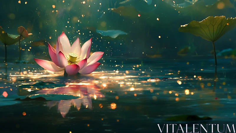 Lotus bloom catches golden dusk light over tranquil water.