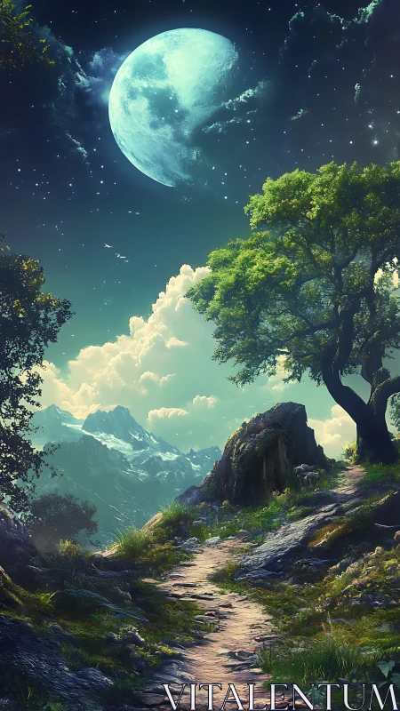 Mountain path extends beneath oversized moonlit sky