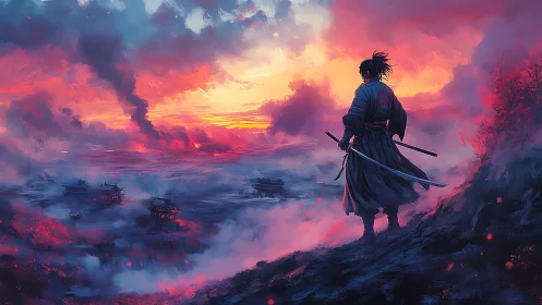 Lone samurai overlooking burning valley at vivid sunset.