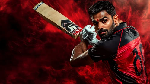 Cricketer grips bat mid-swing against intense red backdrop