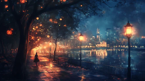 Halloween-lit riverside promenade merges city glow and solitude