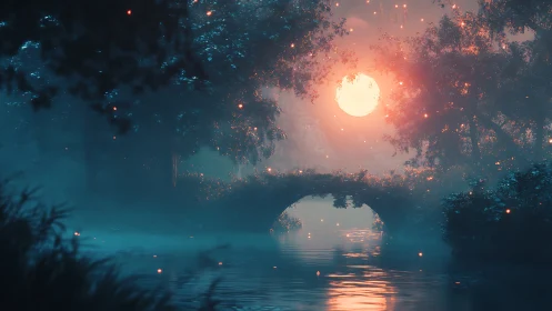 Moonlit mist bridge over a spellbound twilight river.