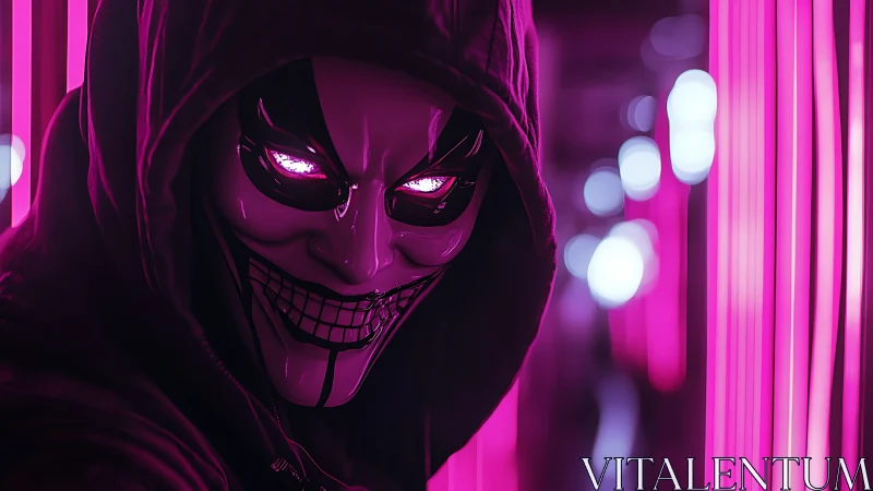Hooded figure in stylized mask stands in neon corridor