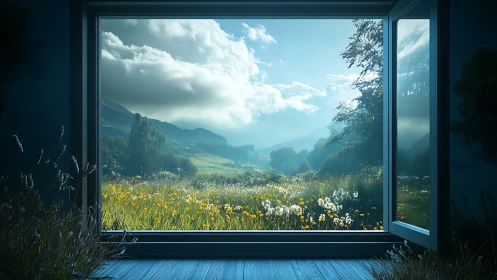 Window-framed meadow landscape with volumetric light and deep focus