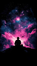 Stargazing silhouette drinks in a neon storm of cosmic clouds