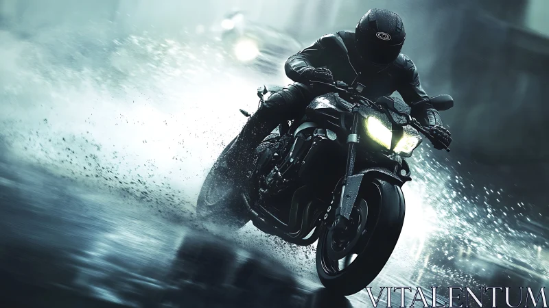 Midnight rider carving light through the stormy city streets.