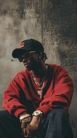 Streetwise calm in gold chains and deep red sweatshirt.